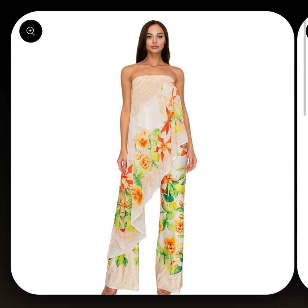 Strapless Floral Wide-Leg Jumpsuit in Cream and Orange